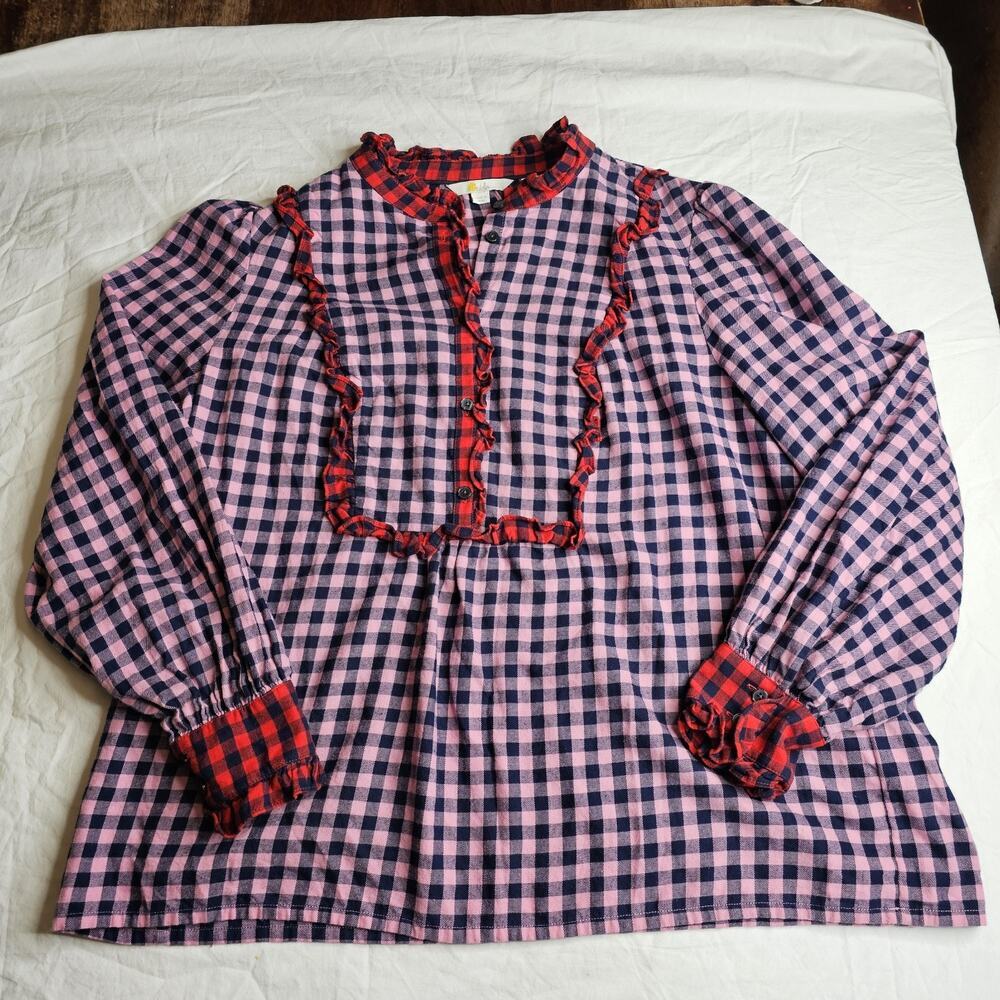 Boden Ruffle Top Isla Frill Long Sleeve Pink Red Plaid Color Block Half Button - Picture 3 of 9